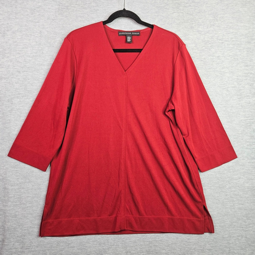 Josephine Chaus Red V-Neck Tunic Top 3/4 Sleeve Knit Rayon Blend Womens Large